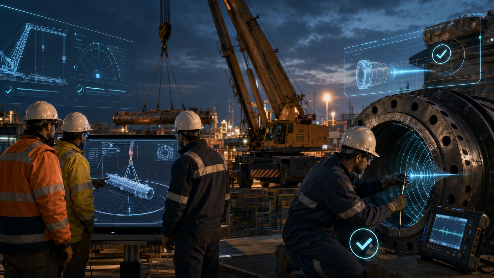 Night-shift crew performing drilling rig equipment checks